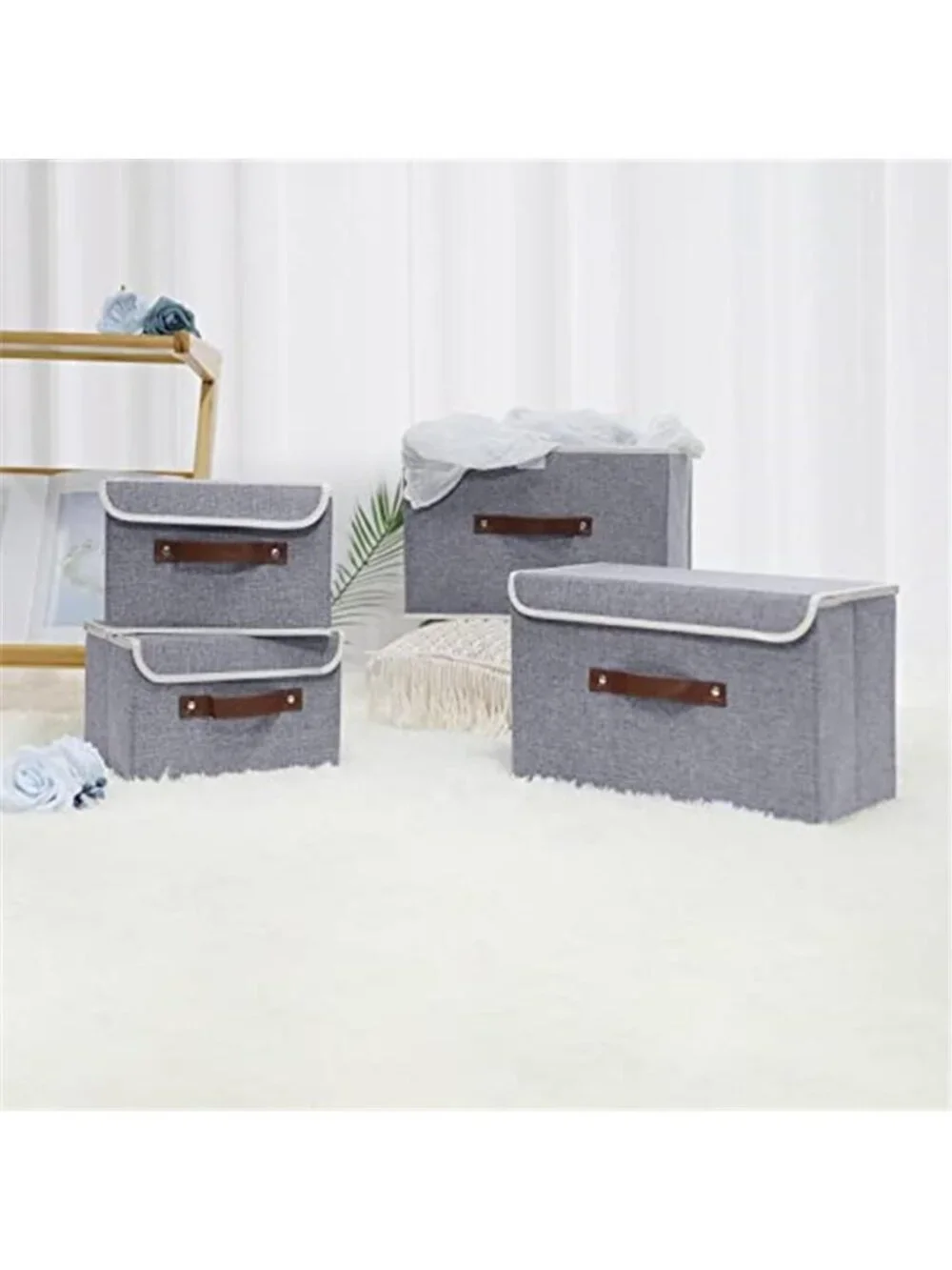 Fabric Storage Box Bins with Lids, Gray, 10
